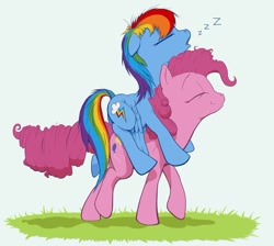 Size: 900x805 | Tagged: safe, artist:jakneurotic, pinkie pie, rainbow dash, earth pony, pegasus, pony, eyes closed, female, lesbian, mare, pinkiedash, ponies riding ponies, riding, shipping, sleeping, zzz