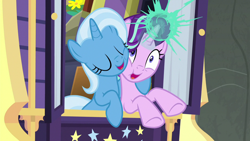 Size: 1280x720 | Tagged: safe, derpibooru import, screencap, starlight glimmer, trixie, pony, unicorn, road to friendship, duo, duo female, eyes closed, female, hug, magic, magic aura, mare, smiling, trixie's wagon, wagon