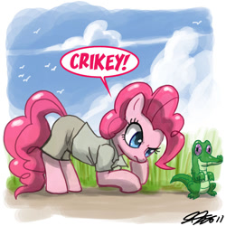 Size: 900x900 | Tagged: safe, artist:johnjoseco, gummy, pinkie pie, earth pony, pony, crikey, crossover, steve irwin