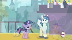 Size: 637x353 | Tagged: safe, screencap, shining armor, twilight sparkle, pony, unicorn, a canterlot wedding, bbbff, bedroom eyes, filly, hub logo, out of context, royal guard, teenage shining armor, teenager, twily face