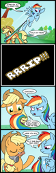 Size: 656x2000 | Tagged: safe, artist:madmax, applejack, rainbow dash, earth pony, pegasus, pony, comic, dialogue, duo, eeyore, female, hammer, mare, mouth hold, nail, ouch, pin the tail on the pony, speech bubble, tail, tail pull