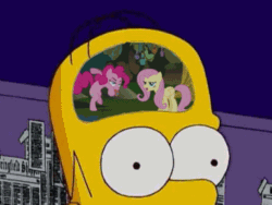 Size: 383x288 | Tagged: safe, edit, edited screencap, screencap, fluttershy, pinkie pie, earth pony, pegasus, pony, animated, crossover, homer simpson, my mother the carjacker, the simpsons