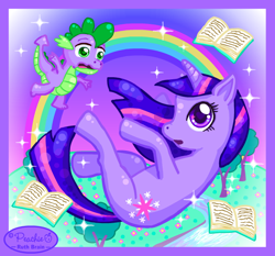 Size: 650x607 | Tagged: safe, artist:princess-peachie, derpibooru import, spike, twilight sparkle, dragon, book, vector