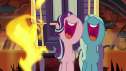 Size: 1280x720 | Tagged: safe, derpibooru import, screencap, starlight glimmer, trixie, pony, unicorn, road to friendship, duo, female, fire swamp, flame geyser, mare, nose in the air, singing, swamp, trixie's wagon, volumetric mouth
