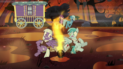 Size: 1280x720 | Tagged: safe, derpibooru import, screencap, appointed rounds, rainy day, starlight glimmer, trixie, pegasus, pony, unicorn, road to friendship, background pony, female, fire, fire swamp, flame geyser, hat, mailmare, mailmare hat, mailpony, mare, swamp, trixie's wagon, unnamed pony