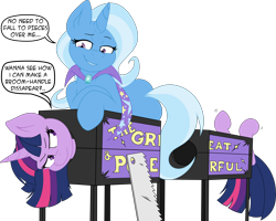 Size: 6000x4790 | Tagged: safe, artist:bork88, artist:joey darkmeat, derpibooru import, trixie, twilight sparkle, pony, unicorn, absurd resolution, annoyed, bedroom eyes, box sawing trick, cut-up by joey darkmeat, dialogue, female, frown, grin, half, leaning, legs in air, lesbian, magic trick, mare, modular, saw, shipping, simple background, smiling, transparent background, twixie, vector