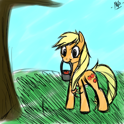 Size: 1280x1280 | Tagged: safe, artist:microgrid, applejack, earth pony, pony, mouth hold, solo, tree