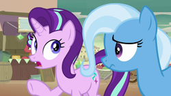 Size: 1280x720 | Tagged: safe, derpibooru import, screencap, starlight glimmer, trixie, pony, unicorn, road to friendship, duo focus, female, mare, open mouth, raised hoof