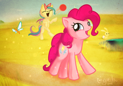 Size: 1400x982 | Tagged: safe, artist:enigmatia, holly dash, pinkie pie, butterfly, earth pony, pony, rabbit, ball, bow