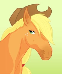 Size: 1680x2000 | Tagged: safe, artist:equestria-prevails, applejack, earth pony, pony, cowboy hat, female, freckles, gradient background, hat, hoers, lidded eyes, mare, realistic, smiling, solo, stetson