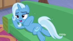 Size: 1920x1080 | Tagged: safe, derpibooru import, screencap, trixie, pony, unicorn, road to friendship, discovery family logo, draw me like one of your french girls, female, mare, sofa, solo