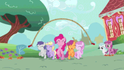 Size: 853x480 | Tagged: safe, screencap, cotton cloudy, dinky hooves, pinkie pie, piña colada, ruby pinch, scootaloo, tornado bolt, earth pony, pony, a friend in deed, animated, applecore, cottonbetes, cute, cutealoo, diapinkes, dinkabetes, eyes closed, how, jump rope, loop, pinchybetes, pinkie being pinkie, pinkie physics, piña cutelada, smile song, tornadorable
