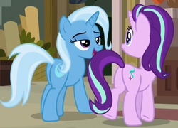 Size: 702x506 | Tagged: safe, derpibooru import, screencap, starlight glimmer, trixie, pony, unicorn, road to friendship, cropped, duo, female, lidded eyes, mare, plot, smiling