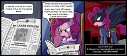 Size: 1000x438 | Tagged: safe, artist:madmax, pinkie pie, earth pony, pony, and that's terrible, bathrobe, batman, batmare, chair, clothes, comic, costume, crossover, evil twin, female, frown, glare, i can't believe it's not idw, mare, newspaper, sitting, solo