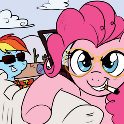 Size: 500x500 | Tagged: safe, artist:madmax, pinkie pie, rainbow dash, earth pony, pegasus, pony, car, cigarette, duo, fear and loathing in las vegas, parody, smoking, sunglasses