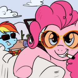 Size: 500x500 | Tagged: safe, artist:madmax, artist:pacce, pinkie pie, rainbow dash, earth pony, pegasus, pony, car, cigarette, colored, duo, fear and loathing in las vegas, parody, smoking, sunglasses