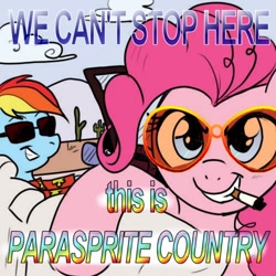 Size: 500x500 | Tagged: safe, artist:madmax, edit, pinkie pie, rainbow dash, earth pony, pegasus, pony, caption, car, cigarette, fear and loathing in las vegas, parody, raoul duke, we can't stop here this is bat country