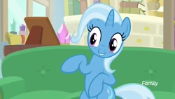 Size: 1920x1080 | Tagged: safe, derpibooru import, screencap, trixie, pony, unicorn, road to friendship, discovery family logo, female, mare, sitting, smiling, sofa, solo