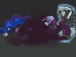 Size: 1024x768 | Tagged: safe, artist:biosonic100, nightmare rarity, princess luna, rarity, thunderlane, alicorn, pony, unicorn, clothes, female, magic, male, nightmare forces, rarilane, shadowbolts costume, shipping, stallion, straight