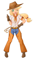 Size: 1092x1908 | Tagged: safe, artist:angriestangryartist, applejack, anime, applejack's hat, assless chaps, boots, chaps, clothes, cowboy boots, cowboy hat, gloves, hat, humanized, simple background, solo