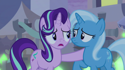 Size: 1280x720 | Tagged: safe, derpibooru import, screencap, starlight glimmer, trixie, pony, unicorn, road to friendship, duo, female, glowpaz, hoof on shoulder, mare