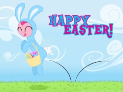 Size: 1024x768 | Tagged: safe, artist:frankier77, pinkie pie, earth pony, pony, ask, ask pinkamena diane pie, basket, bunny costume, clothes, costume, easter, easter egg, egg, eyes closed, jumping, solo, tumblr