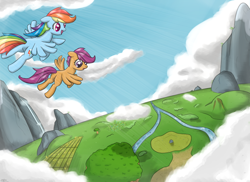 Size: 900x656 | Tagged: safe, artist:speccysy, rainbow dash, scootaloo, pegasus, pony, female, mare, scootaloo can fly, wings