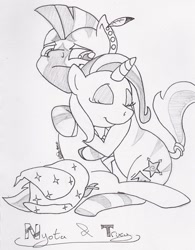 Size: 900x1152 | Tagged: safe, artist:derpydooreviews, derpibooru import, trixie, oc, oc:centaurlord, pony, unicorn, zebra, canon x oc, female, hug, male, mare, monochrome, shipping, straight, traditional art