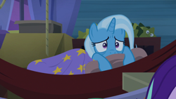 Size: 1280x720 | Tagged: safe, derpibooru import, screencap, starlight glimmer, trixie, pony, unicorn, road to friendship, female, hammock, mare, scared, solo