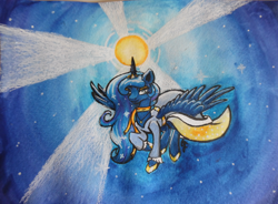 Size: 1024x755 | Tagged: safe, artist:amous-anona, princess luna, alicorn, pony, flying, moon, solo, traditional art, watercolor painting