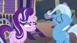 Size: 1280x720 | Tagged: safe, derpibooru import, screencap, starlight glimmer, trixie, pony, unicorn, road to friendship, bags under eyes, duo, eyes closed, female, juice, mare, starlight is not amused, unamused