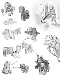 Size: 1009x1280 | Tagged: safe, artist:frankier77, fluttershy, igneous rock pie, pinkie pie, rainbow dash, oc, dinosaur, snake, tyrannosaurus rex, bonnet, clothes, crossover, humanized, monochrome, mouth hold, pinkamena diane pie, pinkiesaurous rex, sketch dump, species swap, sword, weapon