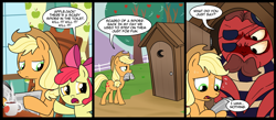 Size: 1700x744 | Tagged: safe, artist:madmax, idw, apple bloom, applejack, f'wuffy, earth pony, pony, spider, spoiler:comic, spoiler:comic02, apple bloom's bow, applejack's hat, bow, comic, cowboy hat, eyepatch, female, filly, hair bow, hat, male, mare, mouth hold, newspaper, outhouse, sweat, toilet