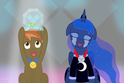 Size: 3000x2000 | Tagged: safe, artist:phallen1, button mash, princess luna, alicorn, pony, clothes, crying, gamer luna, medal, newbie artist training grounds, smiling, t-shirt, tears of joy, trophy, video game championship