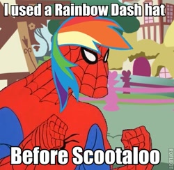 Size: 409x400 | Tagged: artist needed, source needed, safe, rainbow dash, 60s spider-man, angry, barely pony related, fist, house, male, meme, multicolored mane, solo, spider-man, text