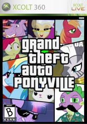 Size: 550x783 | Tagged: safe, artist:madmax, angel bunny, apple bloom, big macintosh, mayor mare, rainbow dash, spike, twilight sparkle, zecora, dragon, earth pony, pegasus, pony, zebra, crossover, grand theft auto, male, moustache, parody, stallion, sunglasses, xbox, xbox 360