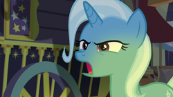 Size: 1280x720 | Tagged: safe, derpibooru import, screencap, trixie, pony, unicorn, road to friendship, female, mare, open mouth, solo, trixie's wagon