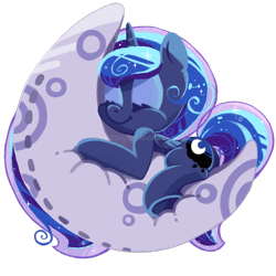 Size: 1000x1000 | Tagged: safe, artist:erica693992, princess luna, alicorn, pony, chibi, cute, embrace, filly, moon, sleeping, solo, watermark, woona