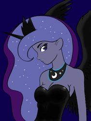 Size: 1024x1364 | Tagged: safe, artist:koku-chan, princess luna, alicorn, human, cleavage, female, horned humanization, humanized, pony coloring, solo, starry mane, tiara, winged humanization