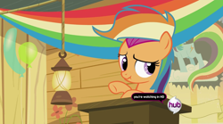 Size: 1280x713 | Tagged: safe, screencap, rainbow dash, scootaloo, pegasus, pony, the mysterious mare do well, clubhouse, crusaders clubhouse, hub logo, rainbow wig, scrunchy face, solo