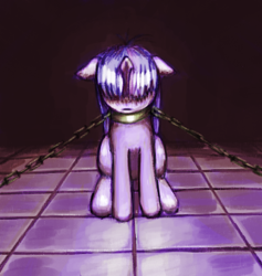 Size: 320x338 | Tagged: safe, artist:lurarin, derpibooru import, twilight sparkle, unicorn twilight, pony, unicorn, bondage, chains, collar, female, mare, sitting, solo, unsexy bondage