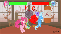 Size: 1194x668 | Tagged: safe, artist:dfectivedvice, artist:midnightblitzz, derpibooru import, lyra heartstrings, pinkie pie, trixie, earth pony, pony, unicorn, fighting is magic, cute, falcon punch, female, fight, flawless victory, funny, mare, mortal kombat, vector