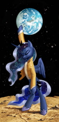 Size: 585x1200 | Tagged: safe, artist:lis-alis, princess luna, alicorn, pony, bipedal, clothes, earth, eyes closed, female, freddie mercury, jacket, mare, moon, planet, pose, pun, queen (band), shirt, solo, spread wings