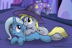 Size: 1800x1200 | Tagged: safe, artist:drawponies, derpibooru import, derpy hooves, trixie, pegasus, pony, :t, accessory swap, blushing, crack shipping, cuddling, cute, derpabetes, diatrixes, ear bite, female, lesbian, mare, nom, prone, shipping, smiling, snuggling, tripy, underhoof