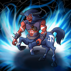 Size: 1000x1000 | Tagged: safe, artist:madmax, lord tirek, tirac, centaur, g1, black background, blue fire, cloven hooves, male, rearing, simple background, solo, spiked wristband, tail wrap, tirac's bag, wristband