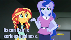 Size: 960x540 | Tagged: safe, screencap, princess luna, sunset shimmer, vice principal luna, equestria girls, friendship games, bacon hair, image macro, meme, serious business