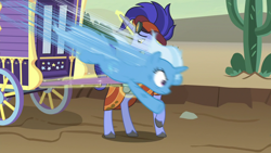 Size: 1280x720 | Tagged: safe, derpibooru import, screencap, hoo'far, trixie, pony, saddle arabian, unicorn, road to friendship, duo, fast, female, great moments in animation, magic, male, mare, motion blur, nyoom, smear frame, stallion