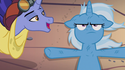 Size: 1280x720 | Tagged: safe, derpibooru import, screencap, hoo'far, trixie, pony, saddle arabian, unicorn, road to friendship, duo, female, male, mare, messy mane, on back, open mouth, stallion, trixie is not amused, unamused