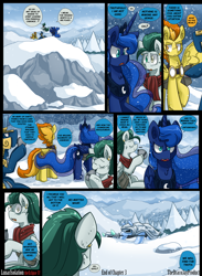 Size: 3000x4091 | Tagged: safe, artist:dracojayproduct, princess luna, spitfire, oc, oc:pierson, oc:willow, alicorn, pony, comic:lunar isolation, comic, snow, snowfall, spear, weapon