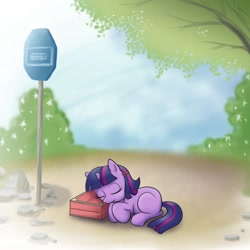 Size: 1000x1000 | Tagged: safe, artist:madmax, twilight sparkle, unicorn twilight, unicorn, bus stop, cute, female, filly, filly twilight sparkle, hairclip, luggage, outdoors, sleeping, solo, suitcase, twiabetes, younger